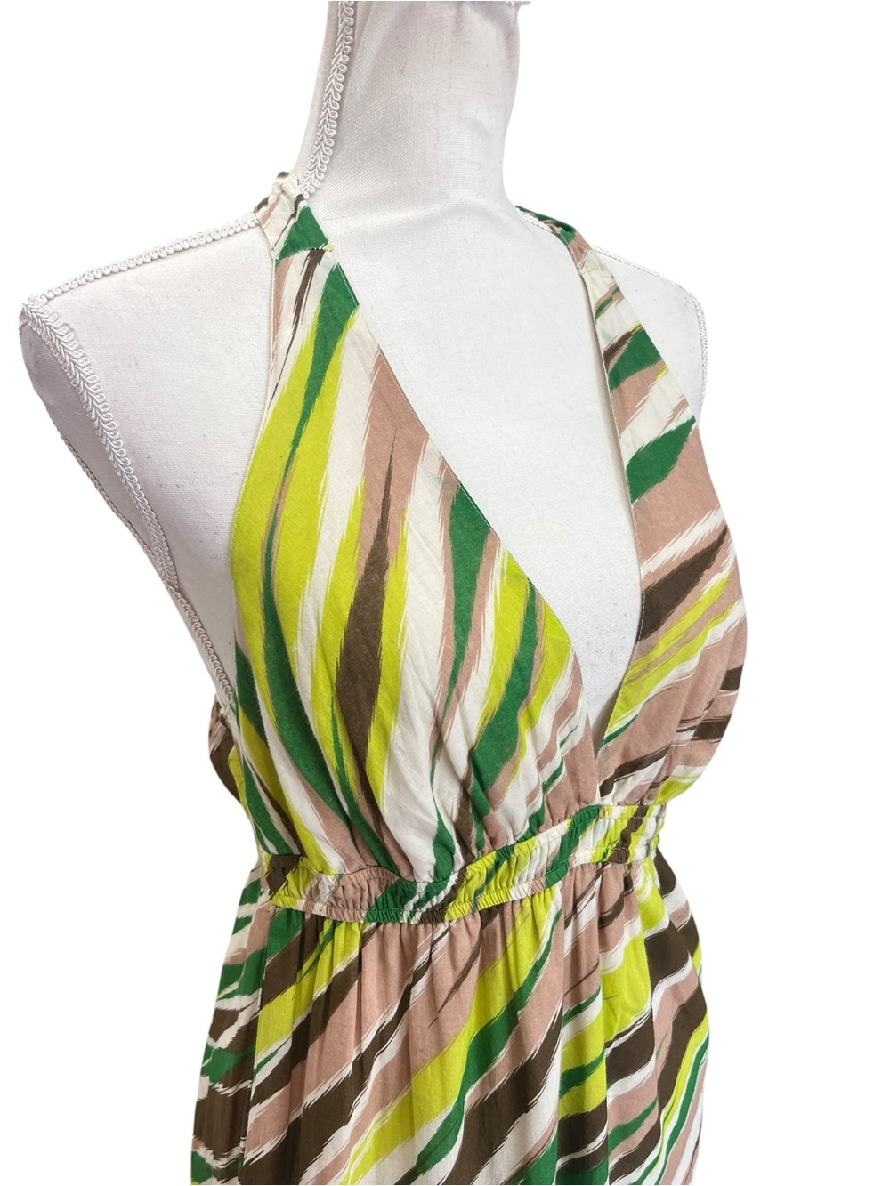GAP NWT Halter Maxi Dress Medium Green Brown Abstract Stripe Cotton - Picture 4 of 13